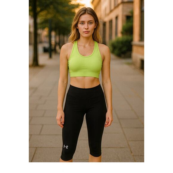 Under Armour HeatGear Compression Capri Pants Womens M Black Green Athletic - Picture 1 of 12